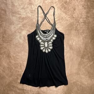 Vintage Y2K Wet Seal Black Strappy Sleeveless Cami Tank Top Floral Crochet Indie